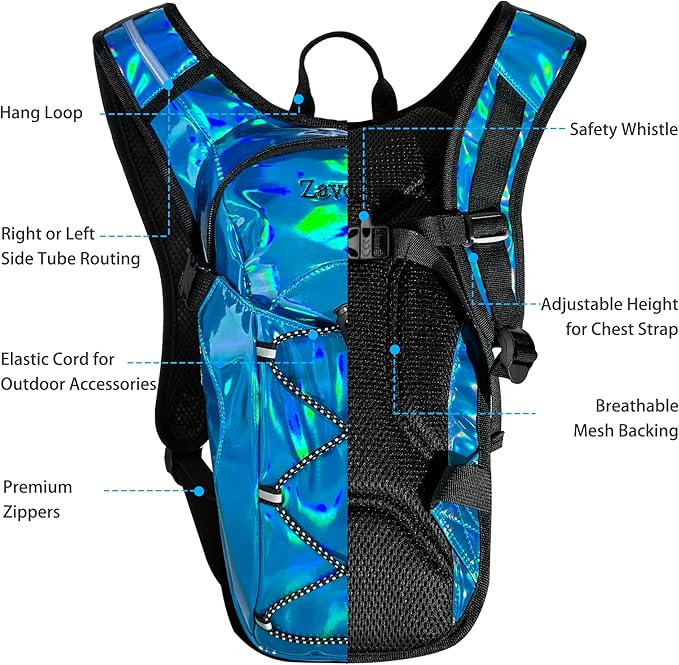 Reflective Hydration Backpack, Hydration Pack - Water Backpack with 2L Hydration Bladder, Essential for Festivals - Rave Hydration Pack for Hiking, Running, Cycling, and Festivals