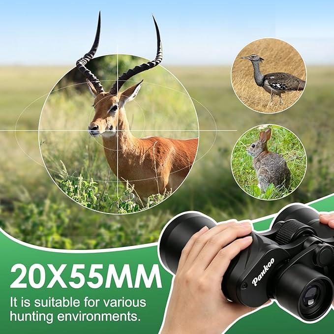 Pankoo 20x55 Binoculars for Adults High Powered – Large View Waterproof Optics with Clear Low Light Vision, Easy Focus for Hunting, Bird Watching, Concerts, Sports