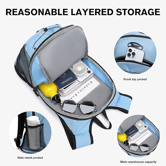 Ultra-Light Soft Daypack 15L/20L, Cushioned Breathable Back Panel Backpack, Lightweight Packable Travel Backpack (Sky Blue, 20L)