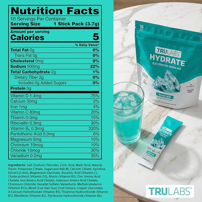 TRULABS Hydrate Electrolyte Drink Mix – Glacier Flavor, Sugar-Free Hydration Packets with 1422 mg Electrolytes & 19 Vitamins & Minerals, Monk Fruit Sweetened, On-the-Go Sticks (16 Count)