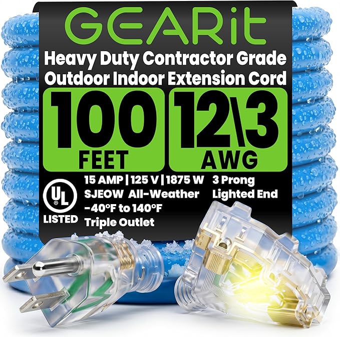 GEARit 100 Ft Extension Cords 12/3 Gauge Outdoor/Indoor Triple Outlet SJEOW 12 AWG 3 Prong Heavy Duty Power Cable 15A 125V 1875W for Lawn, Garden, Appliances Blue