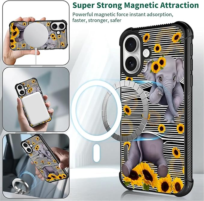for iPhone 17 Case,for MagSafe Graphic Design for Girl Boy Soft Silicone Hard Acrylic Shock Protection Designed for iPhone 17 Cute Little Elephant Sunflower White Line Art Pattern