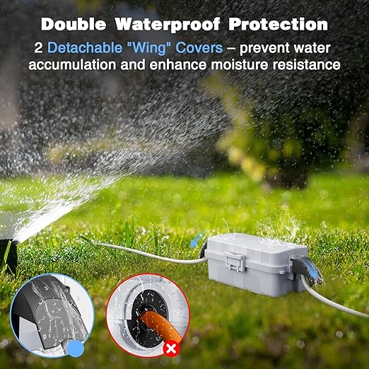 FLEMOON [2 Pack] IP55 Outdoor Electrical Box Waterproof with Detachable Awning Covers, 8.3 x 4.1 x 3.7 inch Weatherproof Extension Cord Cover, Easy Installation for Plug, String Lights, Light Gray
