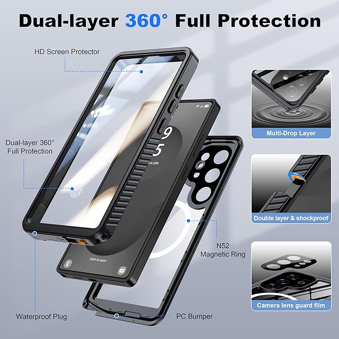 ANTSHARE IP68 Waterproof Case for Samsung Galaxy S25 Ultra [2025] - MagSafe Compatible, Built-in Screen/Lens Protector - Shockproof Full Body Protection for Swimming/Outdoor, Black/Clear