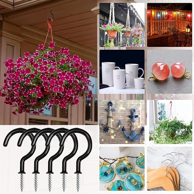 Cup Screw Hooks,1 inch Vinyl Coated Ceiling Hooks,100 Pack Screw in Hook,Wind Chimes Hook Kitchen Cup Hook Great for Hanging Indoor & Outdoor Use(Black)
