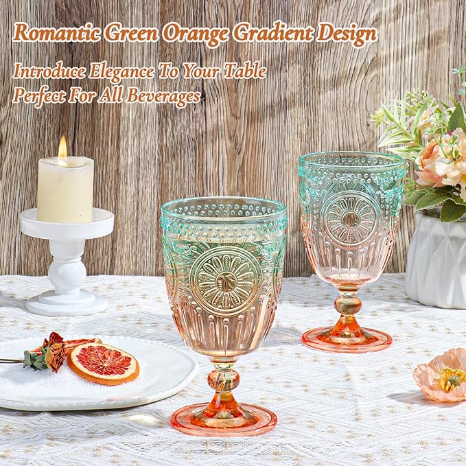 XUWAIDSGN 12Pcs Plastic Vintage Wine Glasses 13.5oz Reusable Embossed Goblet Glasses Green Orange Gradien Retro Wine Glassware Unbreakable Stemmed Champagne Water Cups for Cocktail Juice Wedding, bach