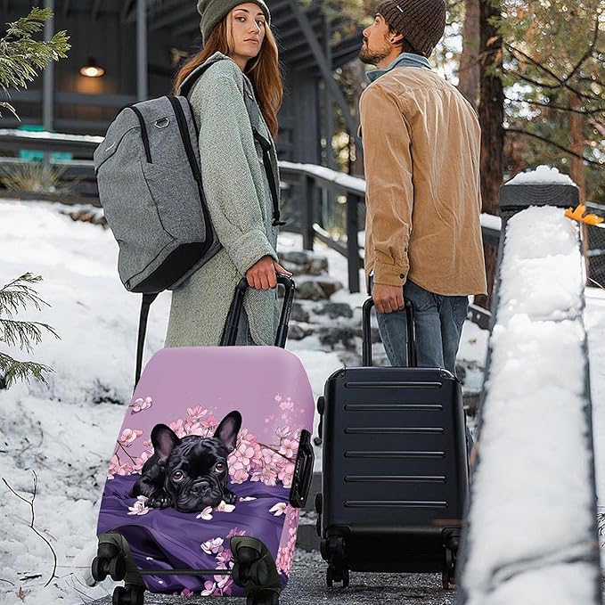ANNA QUEEN French Bulldog Luggage Cover, Cute Black Dog with Pink Flowers Suitcase Protector, Stretchable Washable Travel Sleeve for 28-30 Inch Luggage