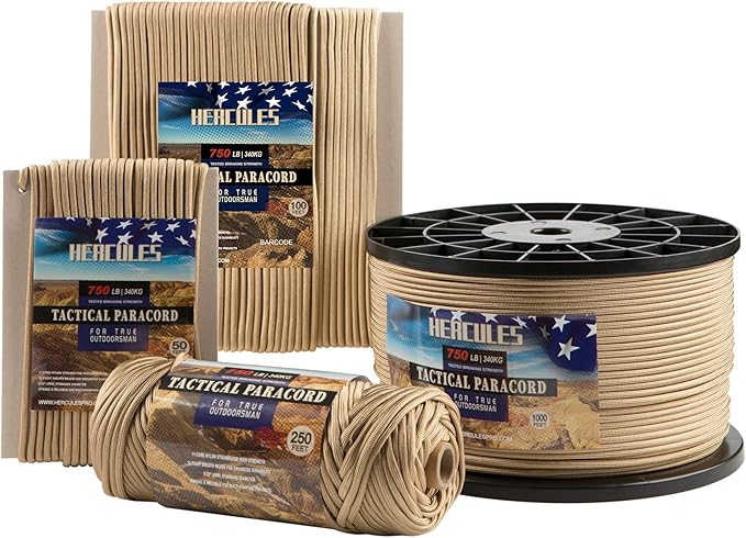 HERCULES 750lb Paracord 4mm 11 Strands Tactical Parachute Cord, 50' 100' 250' 1000' Utility Rope for Camping, Survival, Outdoor Gear (Desert Tan, 50FT)