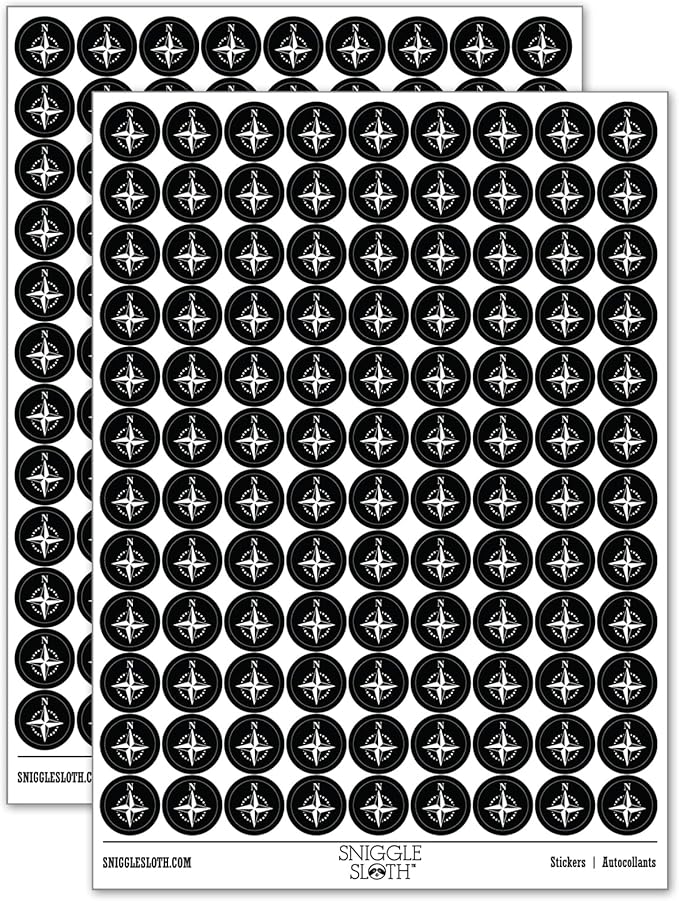 Compass Rose Nautical Star Navigation Map 200+ Round Stickers - Matte Finish - 0.50" Size - Black