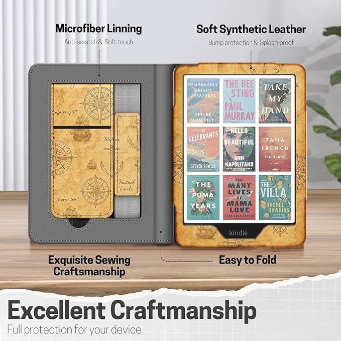 TNP Stand Case for Kindle Paperwhite 12th Generation 2024 / Kindle Colorsoft Signature Edition with Hand Strap & Card Slot - 7" PU Leather Protective Folio Cover with Auto Wake/Sleep, Nautical Map