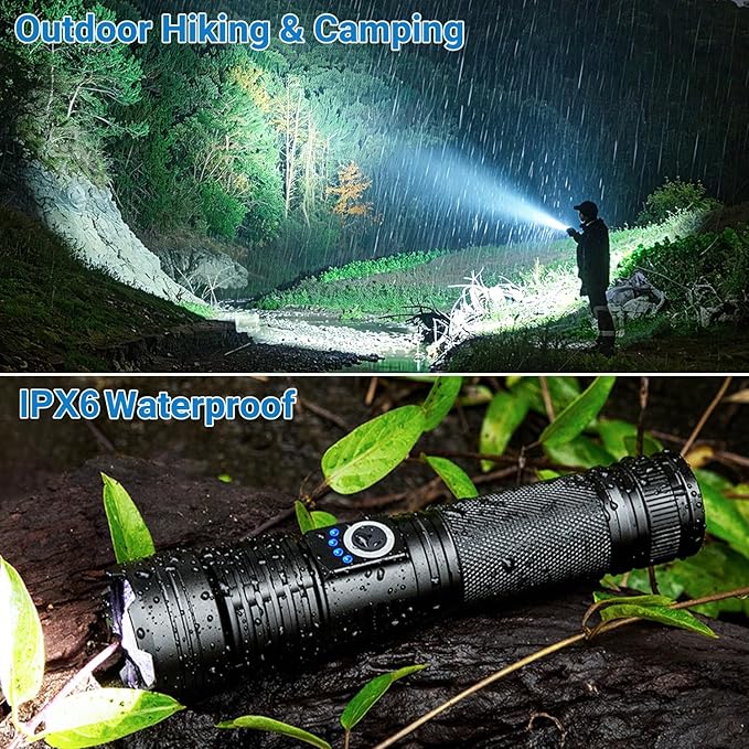Rechargeable LED Flashlight, 99,000 High Lumens Super Bright Flashlight, 5 Modes IPX6 Waterproof Handheld Flashlights for Home Emergency Camping Hiking（2 Pack ）