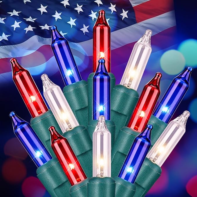 Red White Blue Mini Christmas Lights, 50 Count 4th July Decoration Patriotic Mini String Lights, 13ft Waterproof Lights for Indoor Outdoor Xmas Holiday Party Patio Independence Day Decor, Green Wire