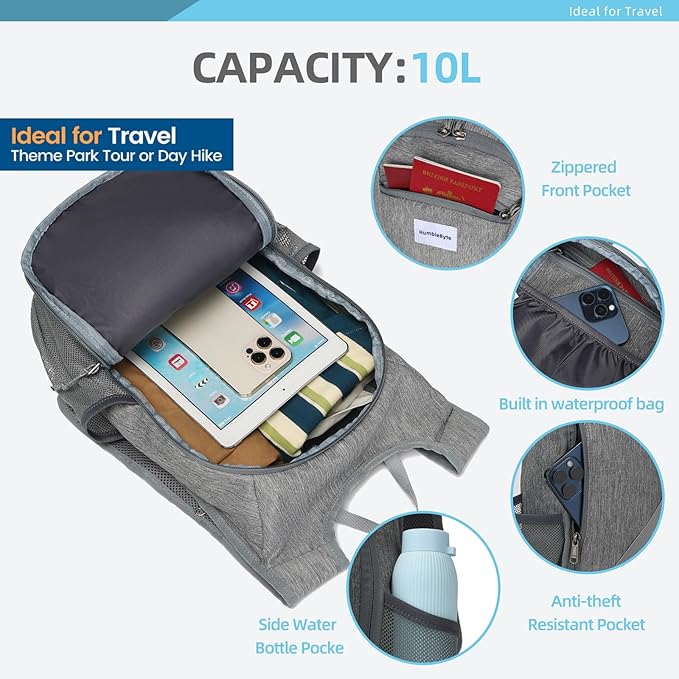 10L Foldable Lightweight Backpack – Packable Travel Daypack for Hiking, Cycling & Everyday Use – Water-Resistant Travel Bag with Multi-Pocket Design for Women & Men(Gray)