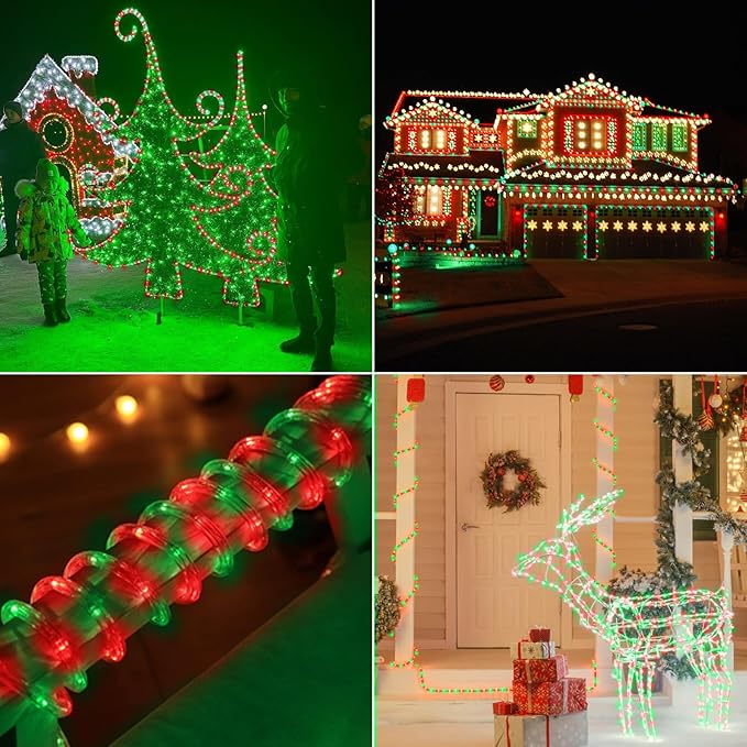 100ft LED Rope Lights Outdoor, 720 LED Connectable and Flexible Tube Lights with 8 Modes, Waterproof LED Rope Lighting for Garden Patio Pool Bedroom PartyIndoor Outdoor Christmas Decor (Red & Green)