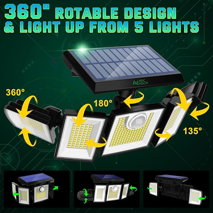 MDCMDCM Solar Lights Outdoor Waterproof Motion Sensor - 416 LEDs 3000 Lumens Super Bright 3 Brightness 3 Modes 2400mAh 360° Illumination 32ft Solar Flood Security Light for Outside (Contemporary, 1)