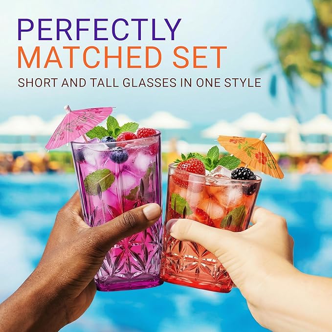 Bravario Royal Plastic Drinking Glasses, 13 and 18 oz Set of 12, Plastic Cups Reusable Dishwasher Safe, Premium Juice & Water Tumblers for Home Kitchen Pool Party, BPA-Free Durable Mixed Colors Gift