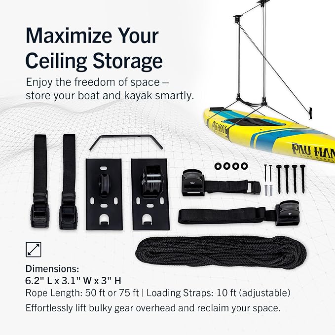StoreYourBoard Kayak and Canoe Ceiling Hoist – Overhead Garage Storage Rack for Kayaks, Canoes, and Paddle Gear – Heavy Duty Pulley System Indoor Ceiling Mount