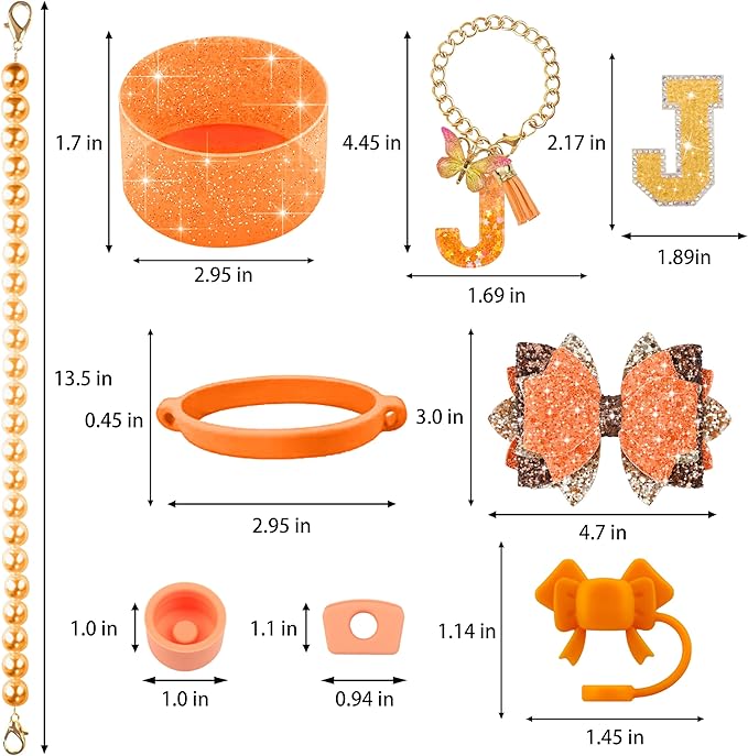 9PCS Orange for Stanley Cup Accessories Set Bling Initials Bow Charms for Stanley Decorations 30/40 Oz Tumbler Accessories Including Bow Straw Topper, Handle Strap, Spill Stopper（Letter J）