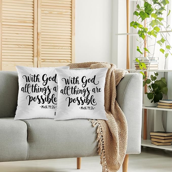 Swono Home Decorative Throw Pillow Covers Bible Quote, Hope with God All Things are Possible Set of 2 Pillow Case Cushion Cover for Sofa Couch Bed Christian Verse Pillows Covers Decor 18x18 Inch