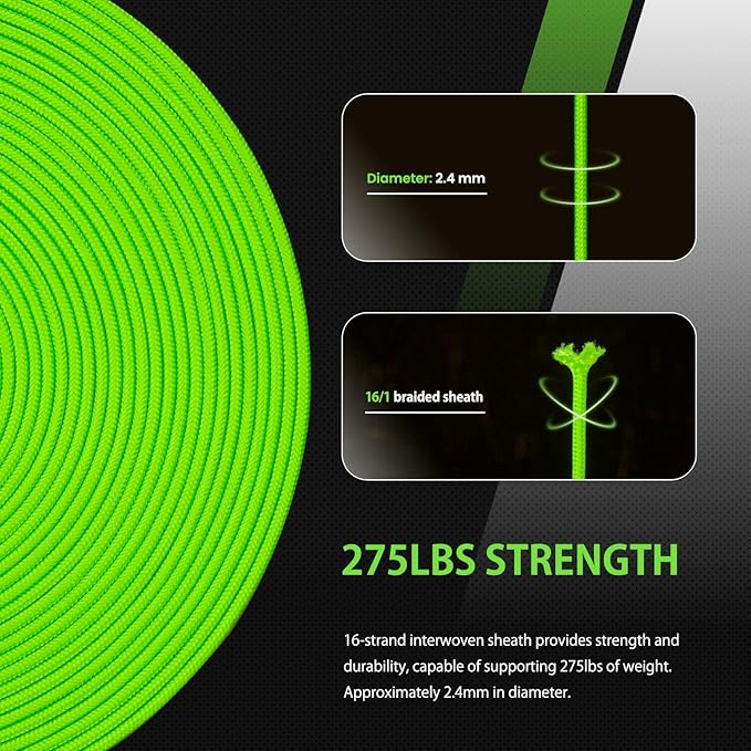 Abma Cord 2.4mm Paracord 275 100ft Nylon Rope 4 Strands Tactical Parachute Cord - Max. 275lbs - Neon Green