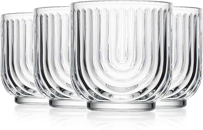 Glaver's Vintage Glassware Art Deco Glasse Ribbed Drinking Glasses U-Shape Arch Design Colored Cocktail Kitchen Tumblers Everyday Dinner Decorative Party (Clear S/4 11oz)