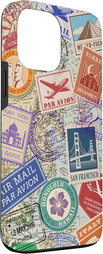 World Map Travel Passport Stamps Postage Stamp Case for iPhone 13 Pro Max