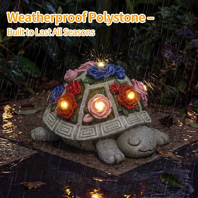 Solar Garden Decor Outdoor Turtle Statue with Multi-Color Rose Flowers & 7 LED Lights – Outside Tortoise Decoration for Lawn Yard Patio Backyard - Home House Art- Gift for Women Mom Grandma