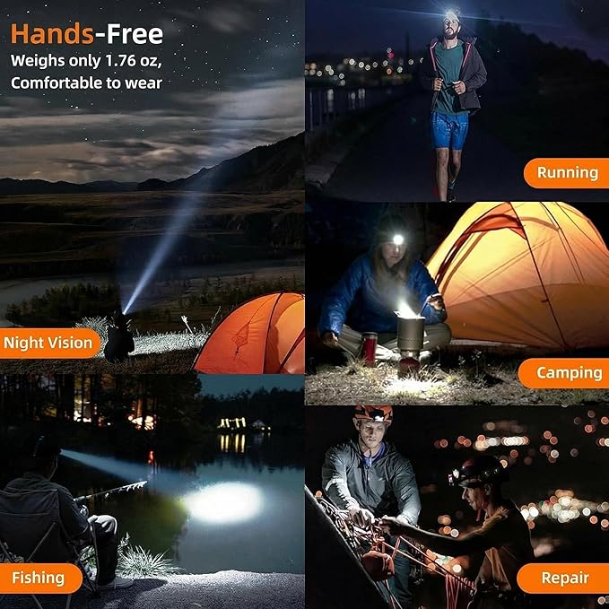 SuperFire Rechargeable Headlamp, 1.76 oz Ultra-Lightweight LED Running Headlamp with Red Flashing Light, Wide Beam, Zero-Bounce, 8H Runtime, IP44 Waterproof for Night Running, Hiking, Camping
