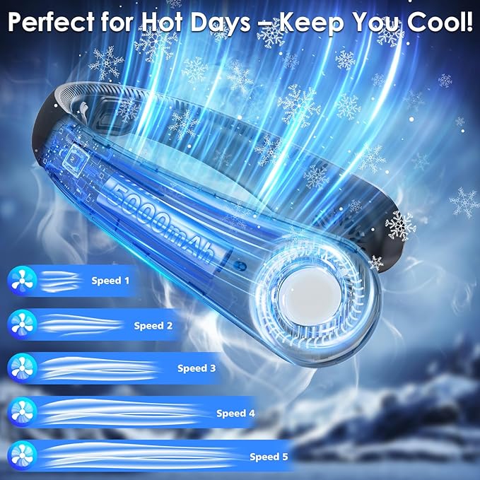 Portable Lightweight Neck Fan with Neck Support, Birthday Gifts for Men Women Dad Mom, Rechargeable Personal Wearable Cooling Neck Fans for Hot Flashes, Disneyland, Travel, Camping Essentials