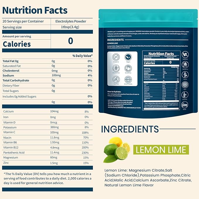Electrolytes Powder Packets Sugar Free Hydration Packets, Liquid Daily IV Electrolyte Drink Mixex for Rehydration with Electrolytes, Vitamins, 0 Calorie, Lemon Lime Flavor, 20 Sticks
