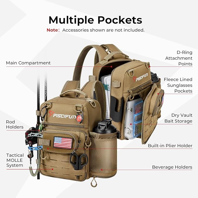 Piscifun Fishing Tackle Backpack, Convertible Sling or Waist Pack, 16-Pocket Storage Gear Bag with 2 Rod Holders & Rain Cover