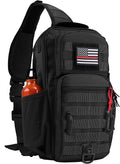 Rover Sling Pack Tactical Shoulder Sling Bag Backpack with Bottle Holder Crossbody Chest Bag, Black with Red Rope/Patch