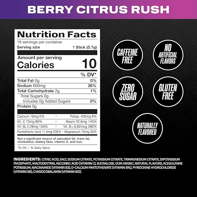 PRIME Rapid Rehydration Electrolyte Powder Sticks, Berry Citrus Rush, Sugar Free Hydration Drink Mix with Sodium, Potassium, Magnesium & B Vitamins to Replenish Fluids, Caffeine Free, 16 Count