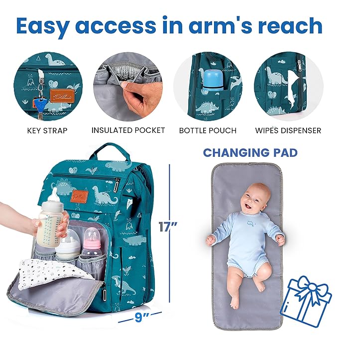 PILLANI Baby Diaper Bag Backpack - Large Waterproof Travel Diaper Bag for Boys & Girls, 16 Organizer Pockets with Changing Pad, Insulated Bottle Pockets & Stroller Straps, Baby Shower Gifts, Dinosaur