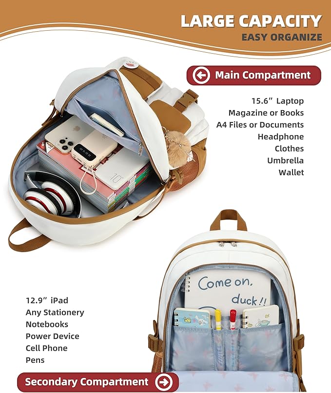 Hidds Laptop Backpacks 15.6 Inch School Bag Elementary Middle High College Backpack Cute Bookbags Anti Theft Travel Back Pack Casual Daypack Kids Book Bag for Teens Girls Women Students-Brown Beige