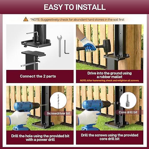 Goovilla Fence Post Repair Kit, 4Pcs Heavy Duty Fence Post Anchor Ground Stakes, Robust Quick-Fix Wood Support for Broken/Leaning/Tilted/Degraded Wood with Gloves/Installation, Easy to Install,Black