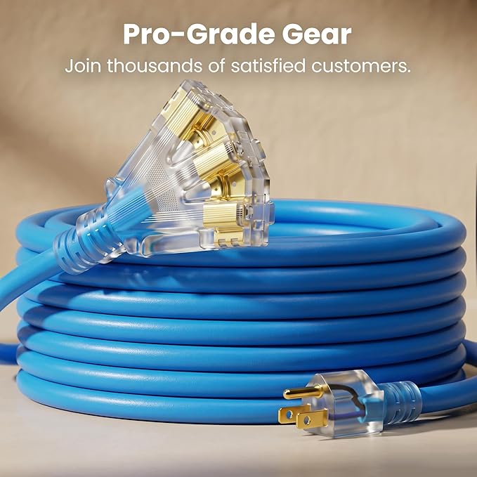 GEARit 100 Ft Extension Cords 12/3 Gauge Outdoor/Indoor Triple Outlet SJEOW 12 AWG 3 Prong Heavy Duty Power Cable 15A 125V 1875W for Lawn, Garden, Appliances Blue