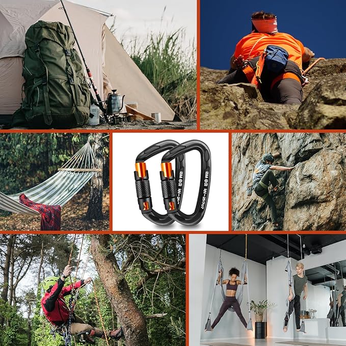 UIAA Certified Professional Heavy Duty Large Locking Carabiner Clips Climbing Carabiner 25kN Auto Locking Carabiner for Rock/Ice Climbing Rappelling Rescue Swing etc, D Shaped