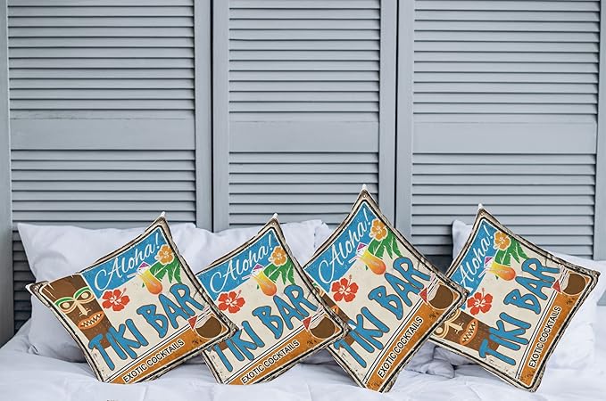 Ambesonne Tiki Bar Decorative Throw Pillow Case Pack of 4, Rusty Vintage Sign Aloha Exotic Cocktails and Coconut Drink Antique Nostalgic, Cushion Cover for Couch Living Room Car, 18", Brown Blue