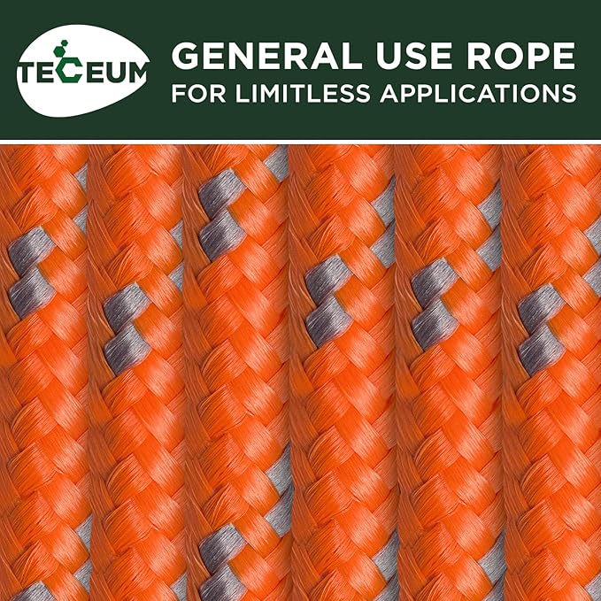 TECEUM Rope – 150 Feet x 1/4 Inch (7mm) – Orange Gray – Strong All-Purpose Utility Rope – Camping, Crafting, Flag Pole, Indoor & Outdoor – Polypropylene Nylon Poly Lightweight Diamond Braided Cord