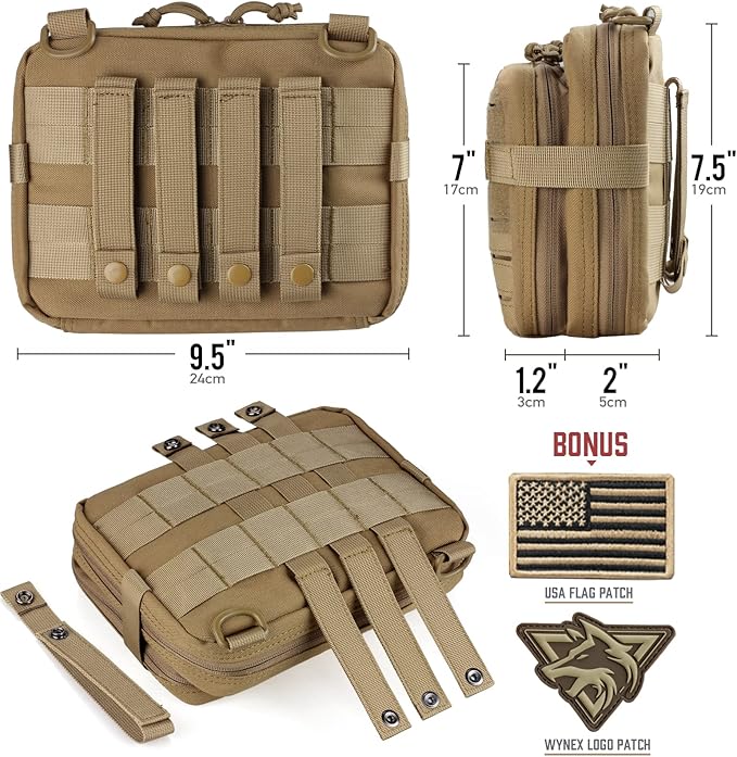 WYNEX Tactical Molle Admin Pouch of Double Layer Design, Admin Pouches Molle Attachment Military Medical EMT Organizer with Map Pocket EDC EMT Pack IFAK Tool Holder Universal U.S.A Patch Included