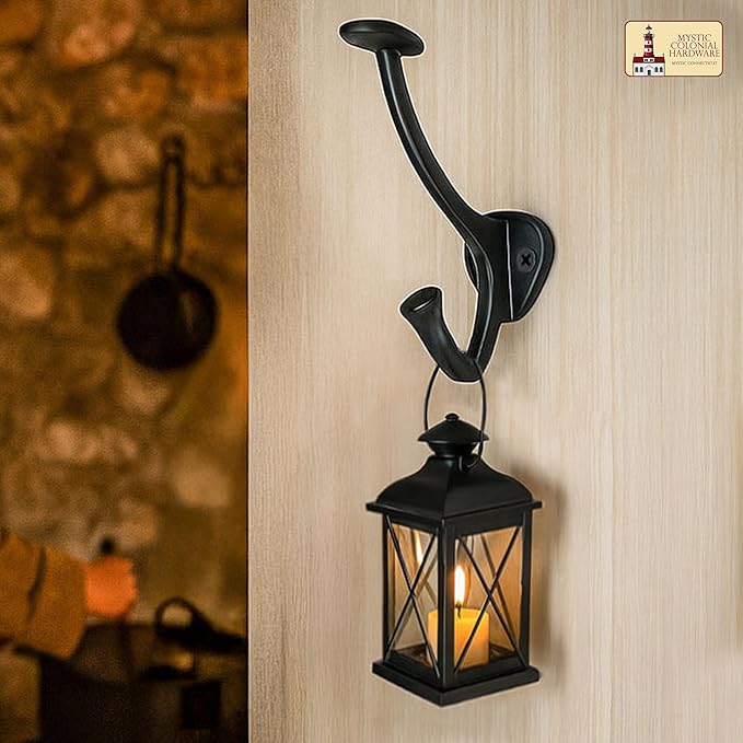 Mystic Colonial Medieval Cast Iron Wall Hooks Pack of 10 (4 in x 3 in) Heavy Duty Dual Hooks for Coats, Hats, Keys & Bags | Rustic Black Metal Hangers | Strong, Sturdy & Decorative Wall Hardware