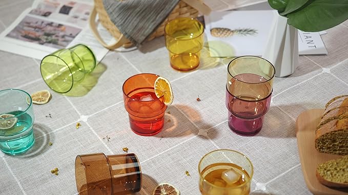 14 oz Plastic Stackable Drinking Tumblers, BPA-Free, Dishwasher Safe, Durable Shatterproof Reusable Kid Cups, Everyday Water/Juice Glasses for Indoor/Outdoor (Set of 8, Gift Box)