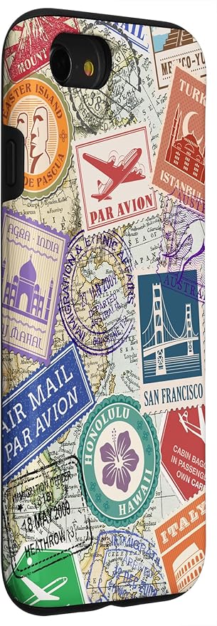 World Map Travel Passport Stamps Postage Stamp Case for iPhone SE (2020) / 7/8