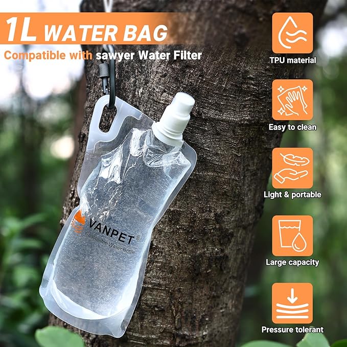 VANPET 1L Hiking Collapsible Water Bottles, 33OZ BPA-Free Plastic Flasks, Reusable Drink Bags, Foldable Backpacking Water Bottle for Travel Camping Hiking (4-Pack)
