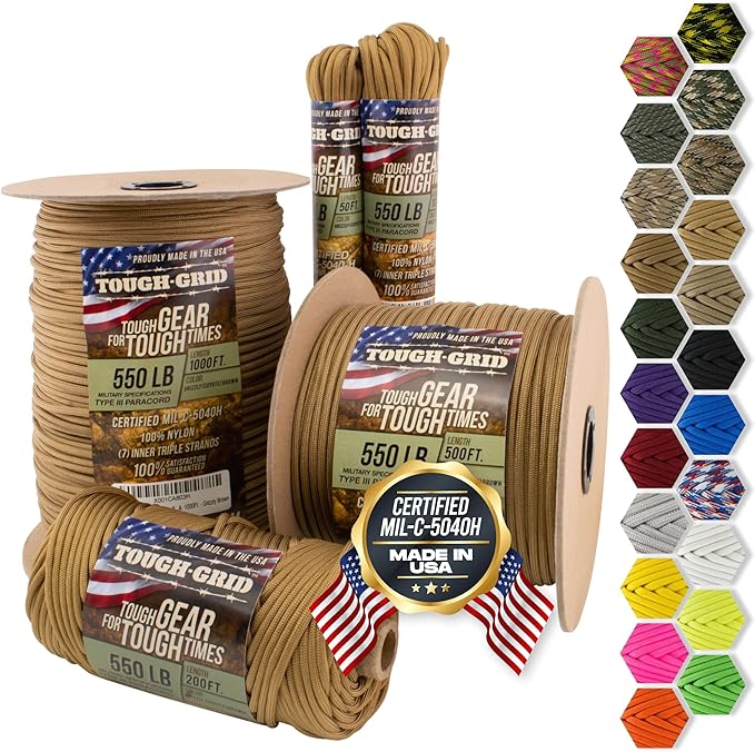 TOUGH-GRID 550 Paracord, Type III Mil-Spec Nylon Rope - 200 Ft Grizzly Brown Tactical Survival Cord