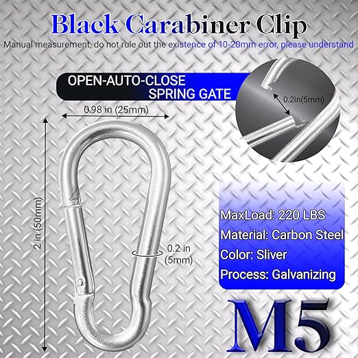 200 Pack 2" Heavy Duty Carabiner Clips, M5 Sliver Galvanized Steel Spring Snap Hooks, Rust-Resistant Keychain Clips for Hammock, Camping, Hiking, Fishing, Swing Set