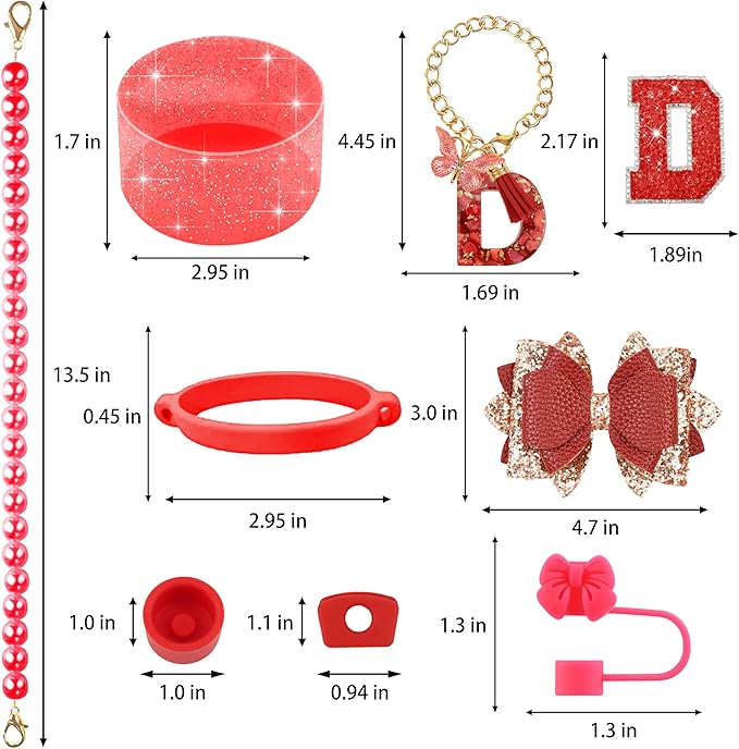 9PCS Red for Stanley Cup Accessories Set Bling Initials Bow Charms for Stanley Decorations 30/40 Oz Tumbler Accessories Including Bow Straw Topper, Handle Strap, Spill Stopper（Letter D）