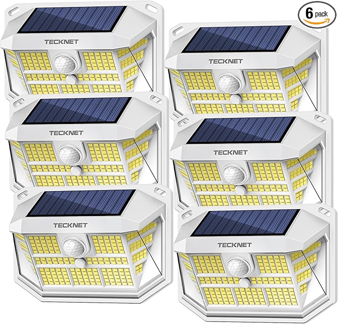 TECKNET 231 LED Solar Motion Lights Outdoor Waterproof, 6 Pack 300° Angle & 3 Lighting Modes PIR Motion Sensor Security Solar Wall Lights IP65 for Fence Front Door Yard Deck Garden Garage