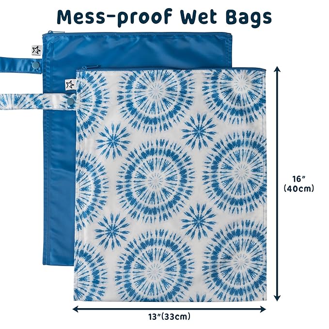 Tiny Twinkle Mess Proof Wet Bags | 2-Pack Reusable Waterproof Wet Bags for Swimsuits | Baby Clothes | Travel & Diaper Bag (Blue Tie Dye)